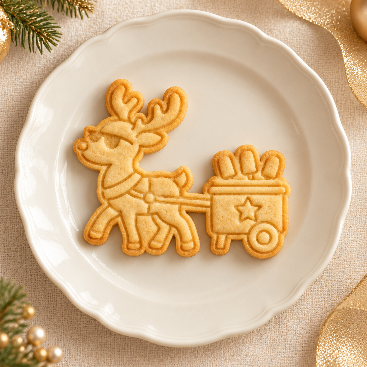 Biscoito assado em formato de rena com óculos escuros puxando um carrinho de picolé sobre prato branco em cenário de Natal.