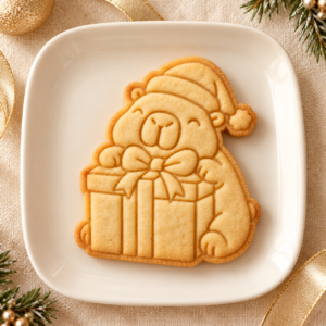 Biscoito assado e estampado no formato de uma capivara usando gorro de Papai Noel e segurando uma caixa de presente.