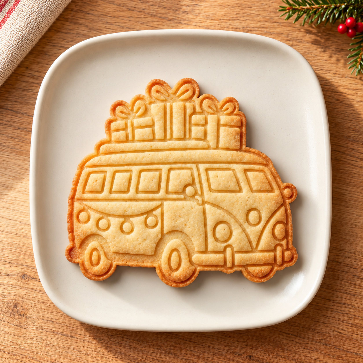 Biscoito assado e marcado no formato de uma Kombi de Natal decorada com presentes no teto