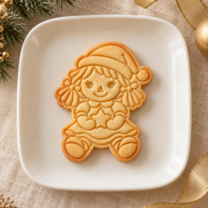 Biscoito decorado assado em formato de bonequinha natalina com touca de Papai Noel e estrela servido em um prato branco