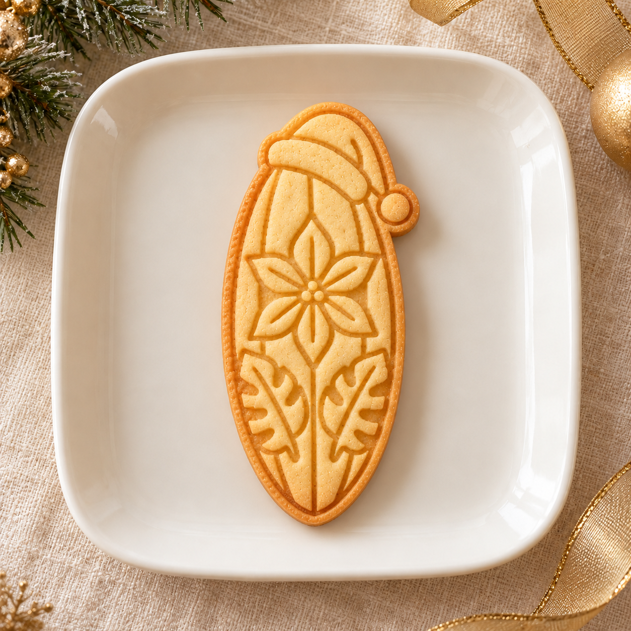 Biscoito assado em formato de prancha de surf com gorro de Papai Noel e elementos tropicais sobre um prato branco.