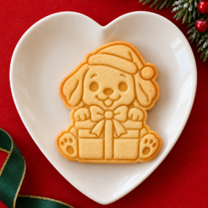 Biscoito pronto e assado no formato de cachorrinho usando gorro de Papai Noel em uma caixa de presente sobre prato de coração