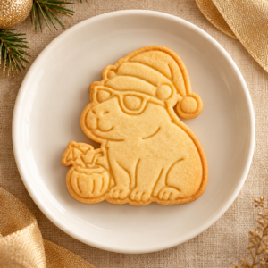 Biscoito assado e decorado no formato de capivara de Natal de óculos escuros com água de coco