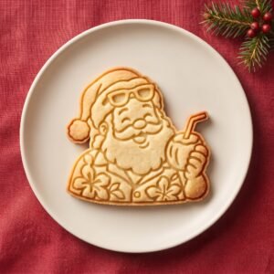 Biscoito assado em formato de Papai Noel tropical com óculos de sol e água de coco sobre prato branco