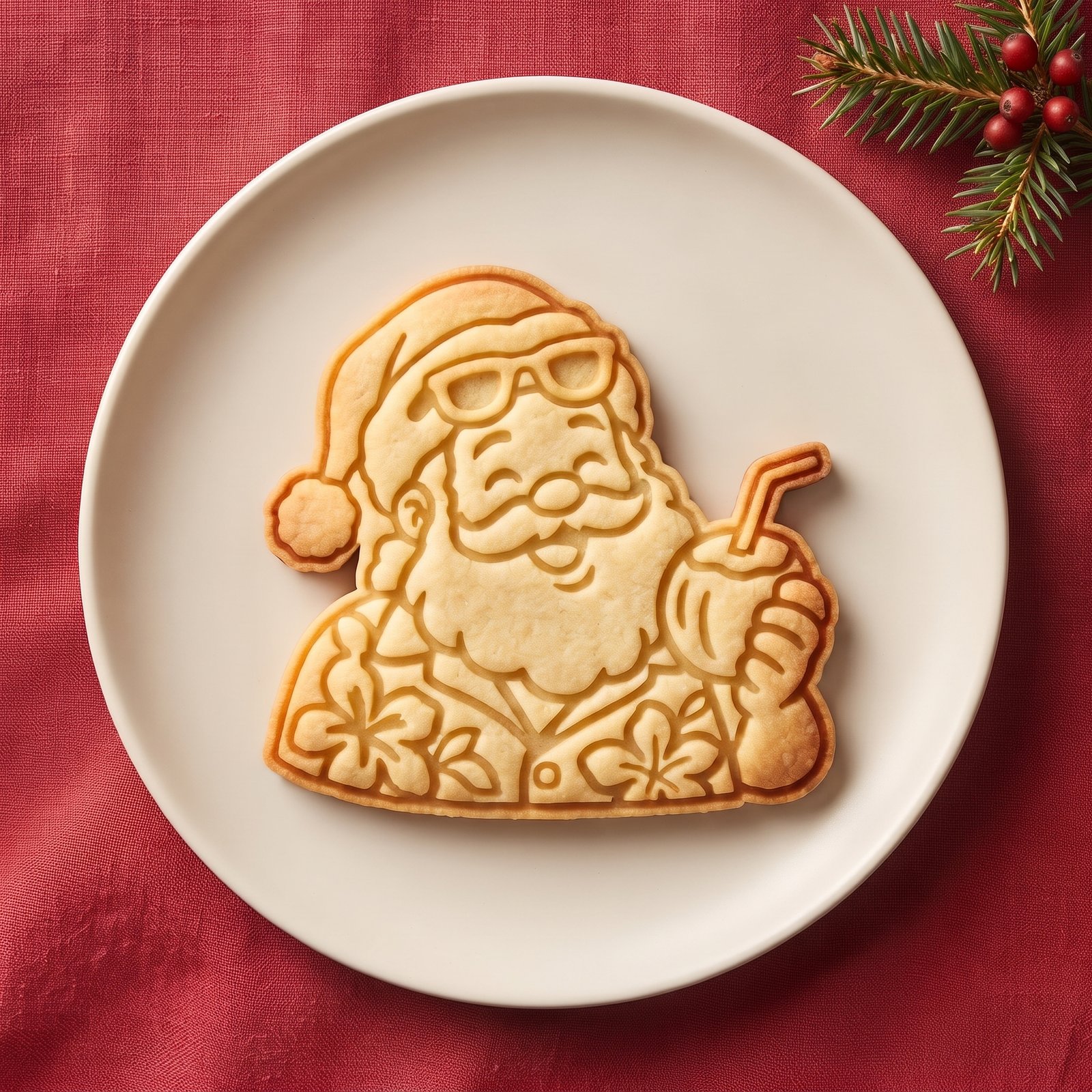 Biscoito assado em formato de Papai Noel tropical com óculos de sol e água de coco sobre prato branco