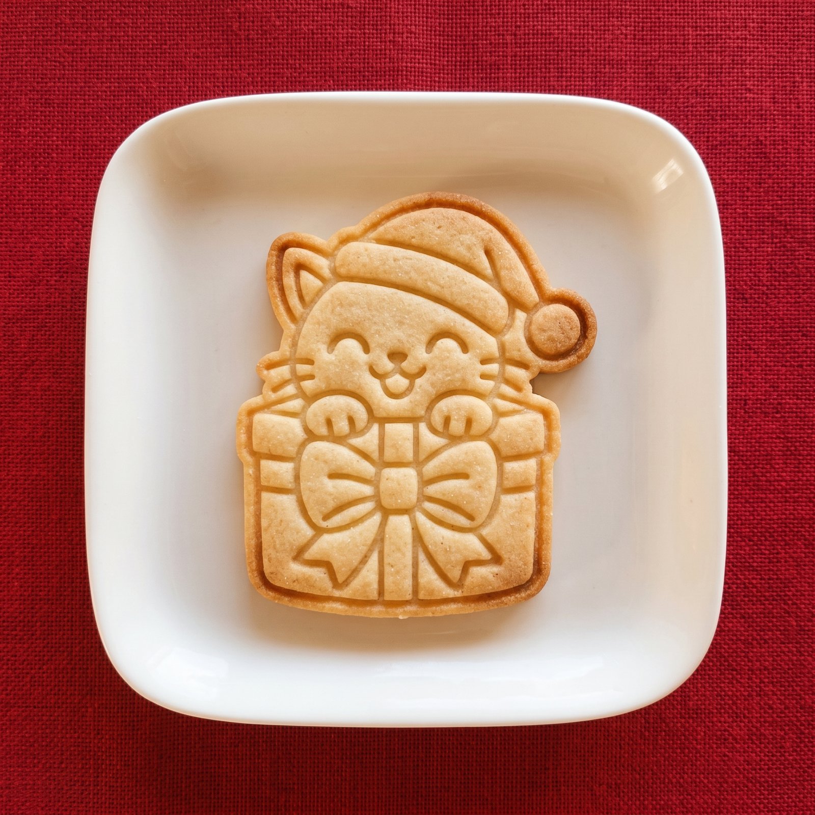 Biscoito assado decorado no formato de um gatinho com gorro de Papai Noel dentro de uma caixa de presente em um prato branco.