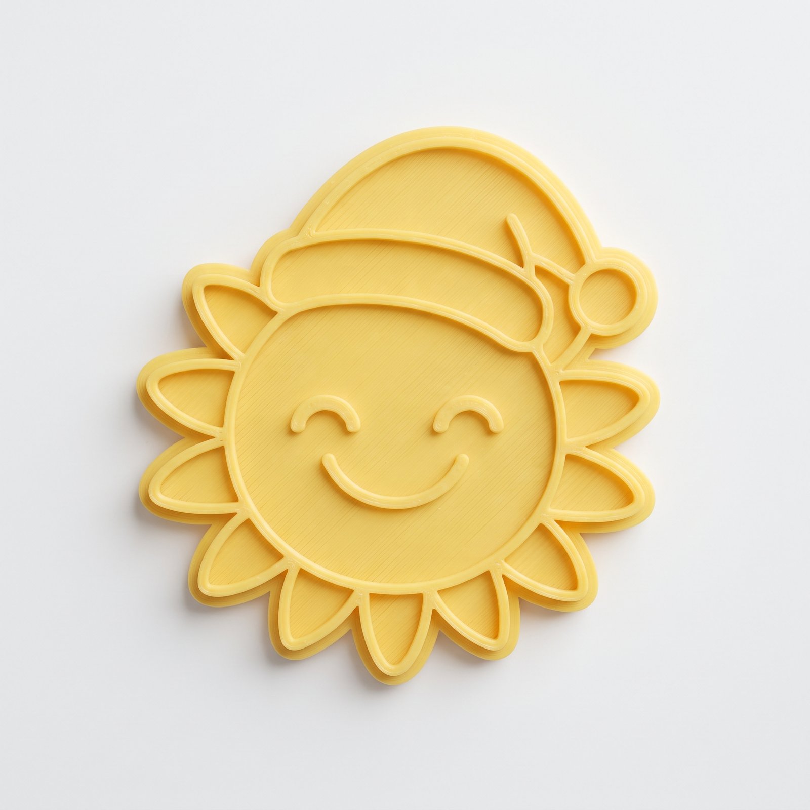 Cortador e marcador de biscoito amarelo no formato de sol sorridente com gorro de Natal em fundo branco