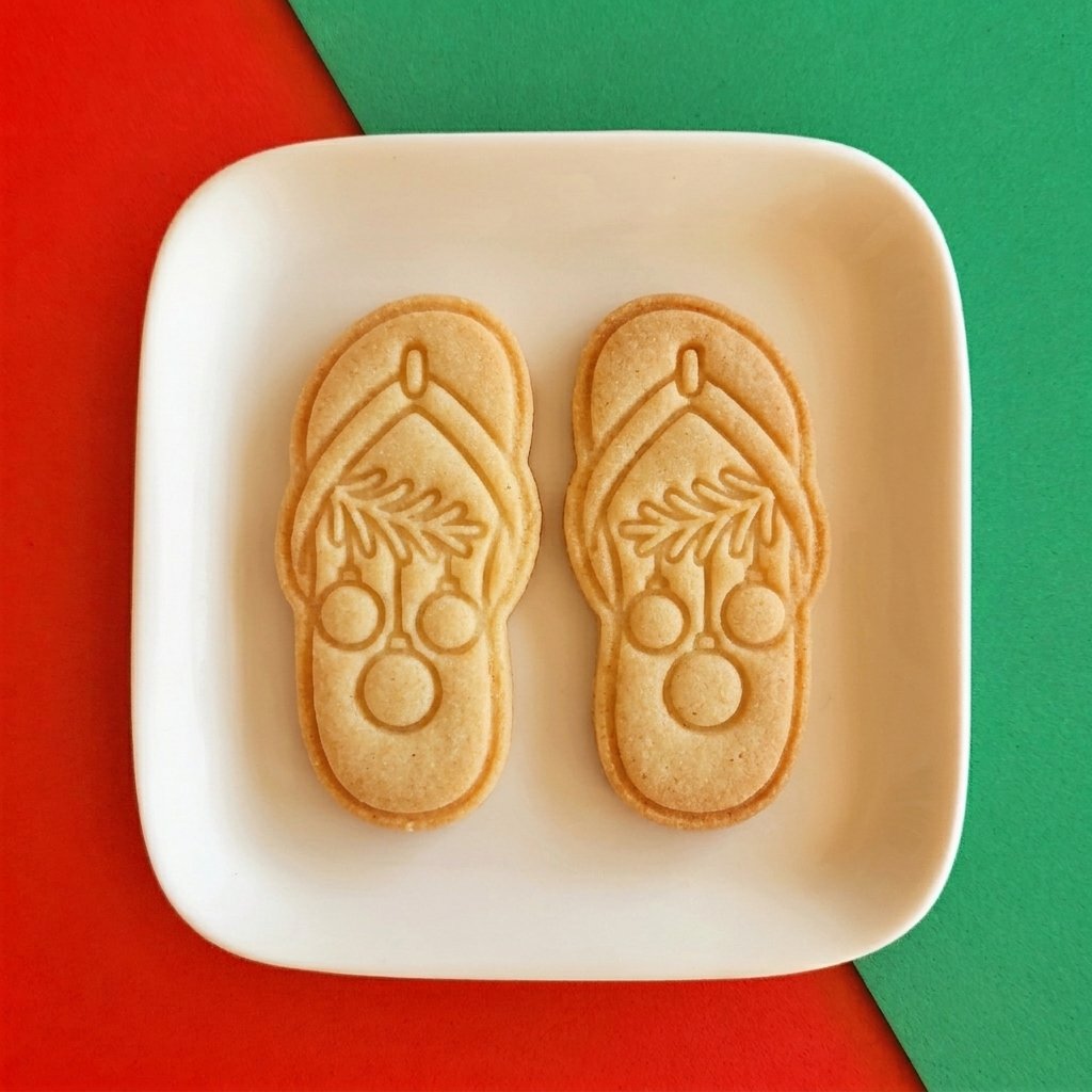 Dois biscoitos em formato de chinelo decorados com estampas natalinas sobre prato branco