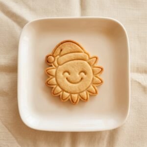 Biscoito assado em formato de sol sorridente com gorro de Natal disposto em um prato quadrado claro