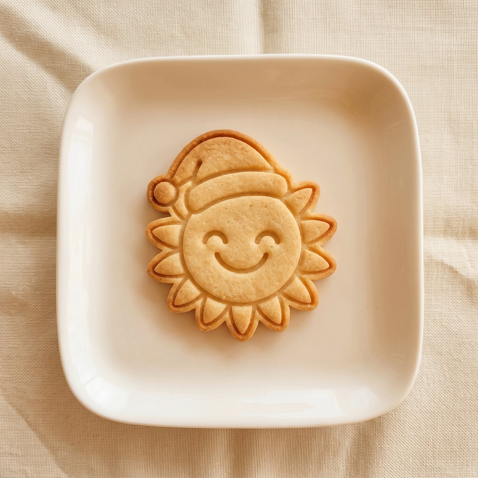 Biscoito assado em formato de sol sorridente com gorro de Natal disposto em um prato quadrado claro