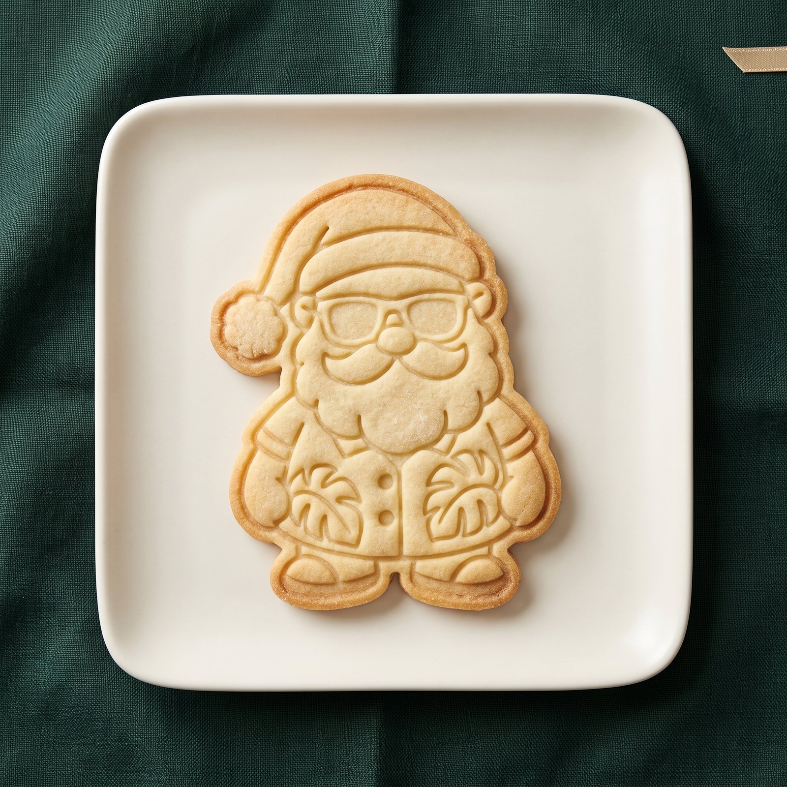 Biscoito assado moldado no formato de Papai Noel usando óculos escuros e camisa florida em um prato claro