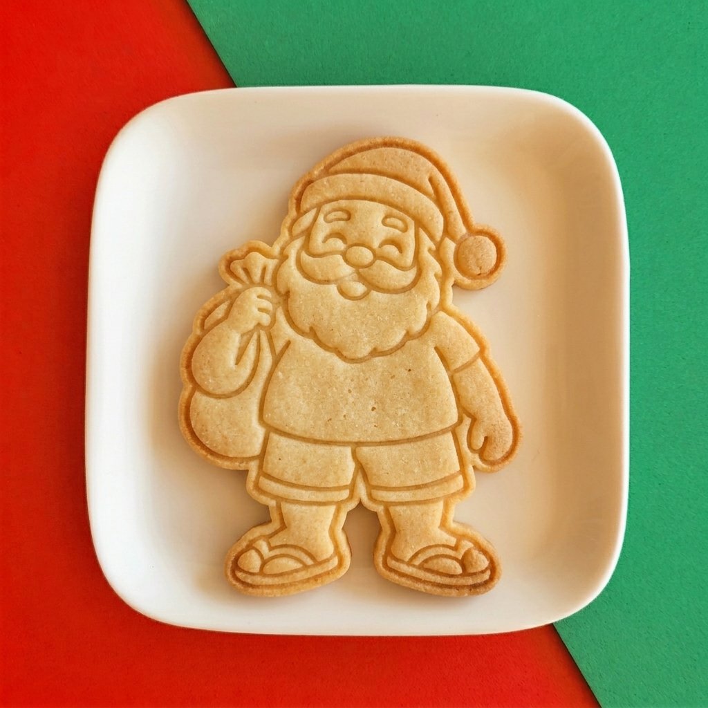 Biscoito assado com a marcação do Papai Noel tropical usando camiseta, bermuda, chinelos e gorro de Natal em um pratinho branco.