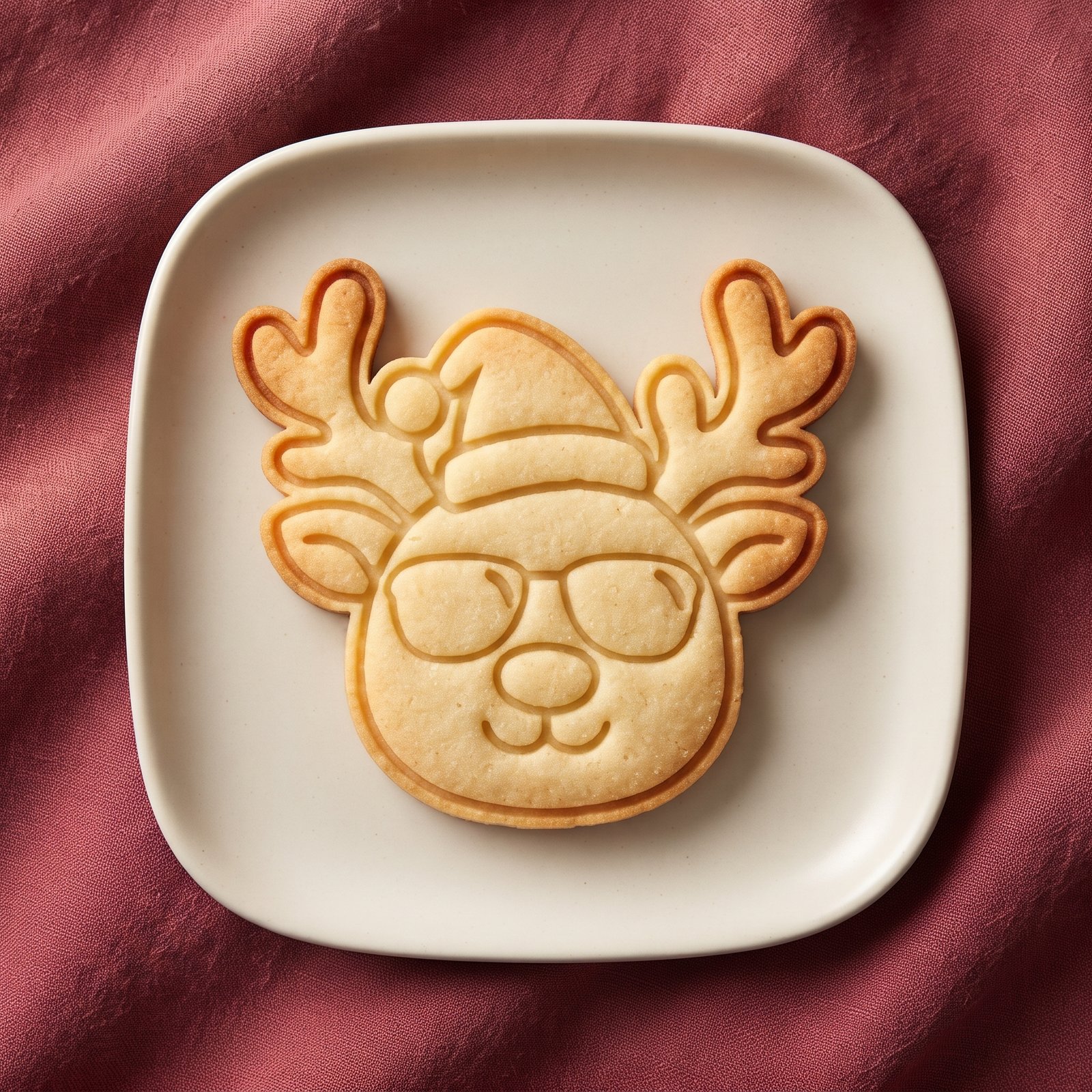 Biscoito assado em formato de rena de Natal com óculos e gorro de Papai Noel servido em prato quadrado.