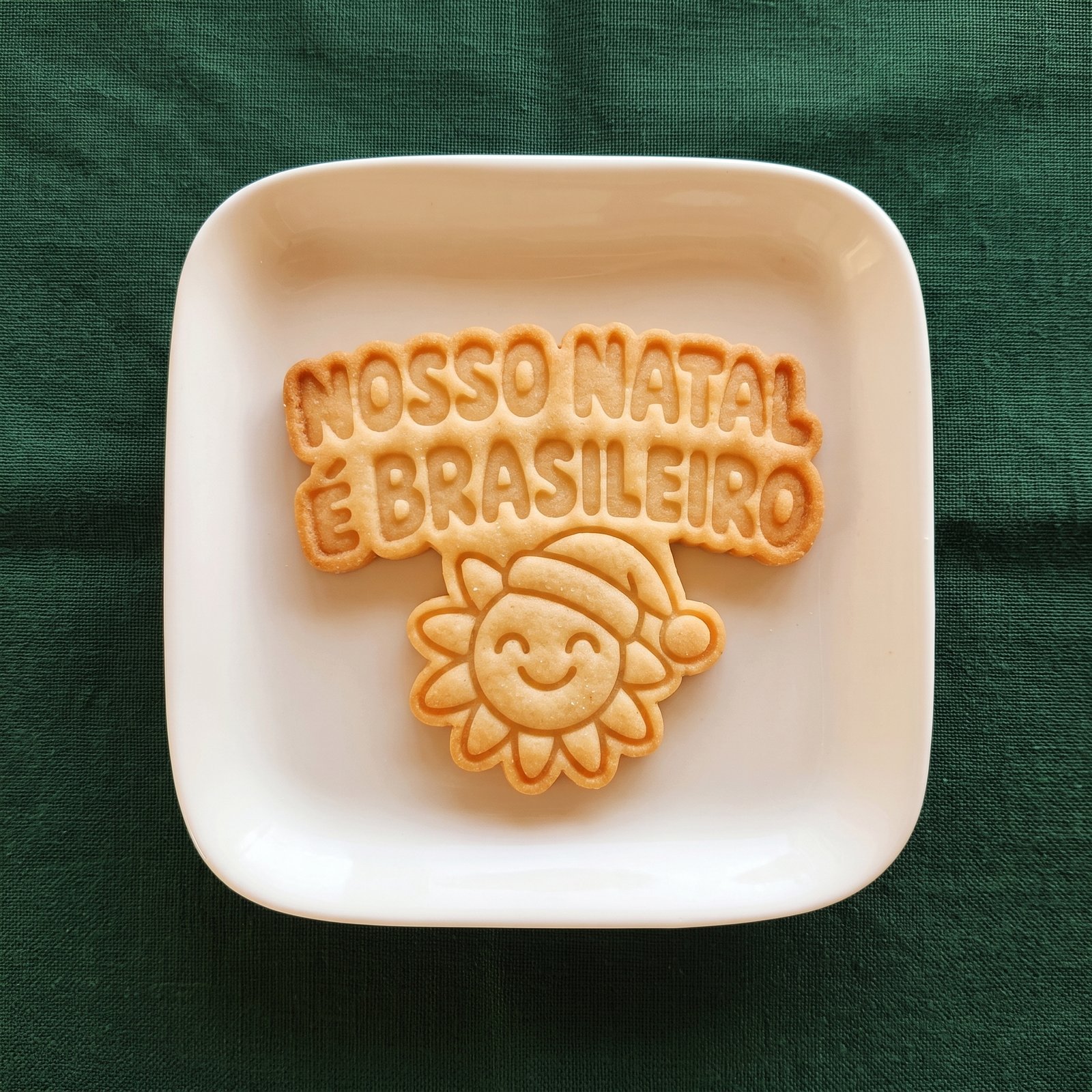 Biscoito pronto em um prato branco com a frase gravada Nosso Natal é Brasileiro e um sol com gorro de Papai Noel