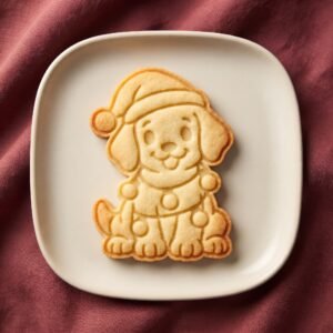 Biscoito assado decorado em formato de cachorrinho usando gorro de Papai Noel e pisca-pisca