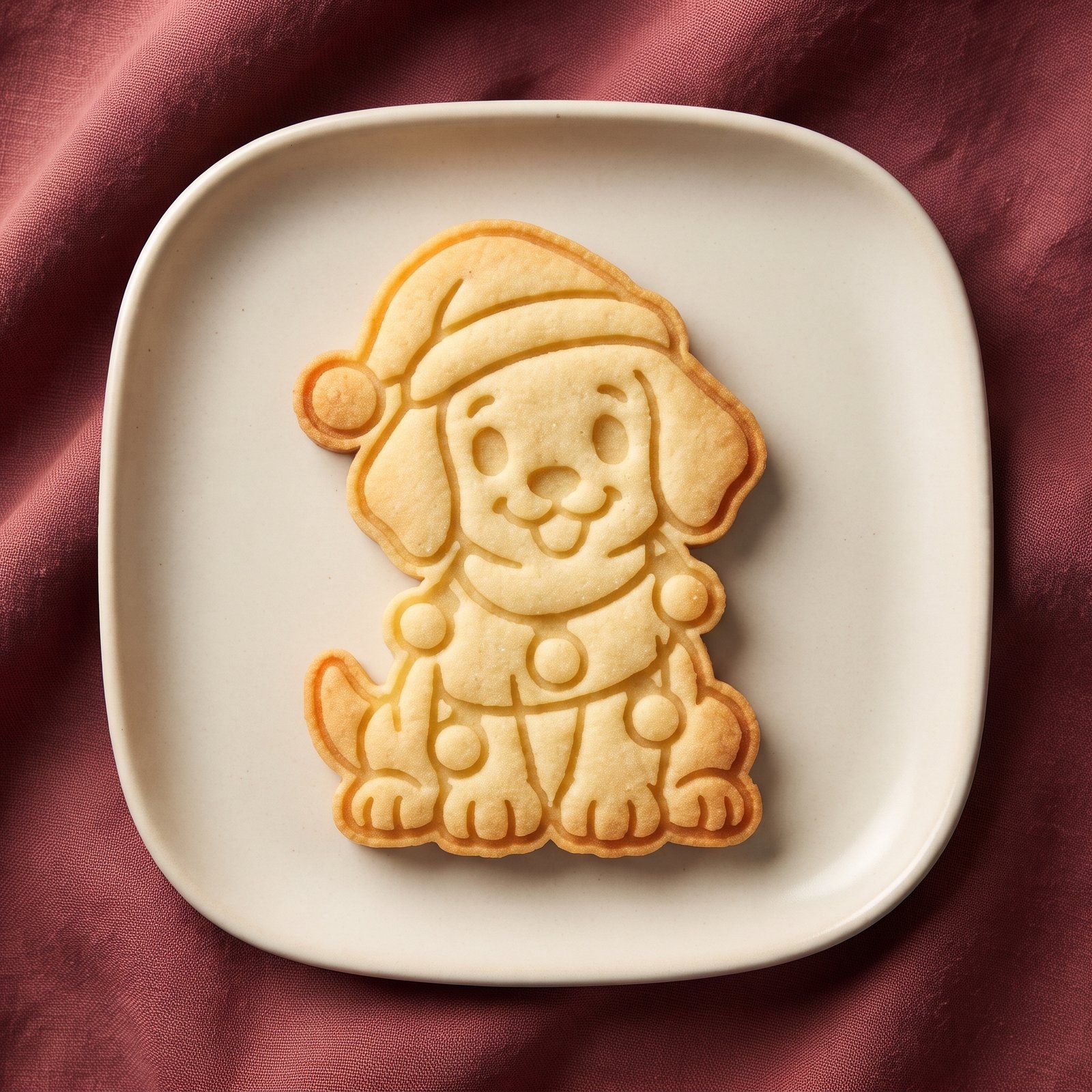Biscoito assado decorado em formato de cachorrinho usando gorro de Papai Noel e pisca-pisca