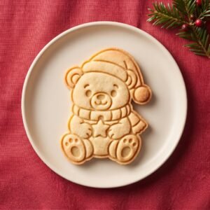 Biscoito assado em formato de ursinho de Natal com gorro, cachecol e estrela servido em um prato claro.