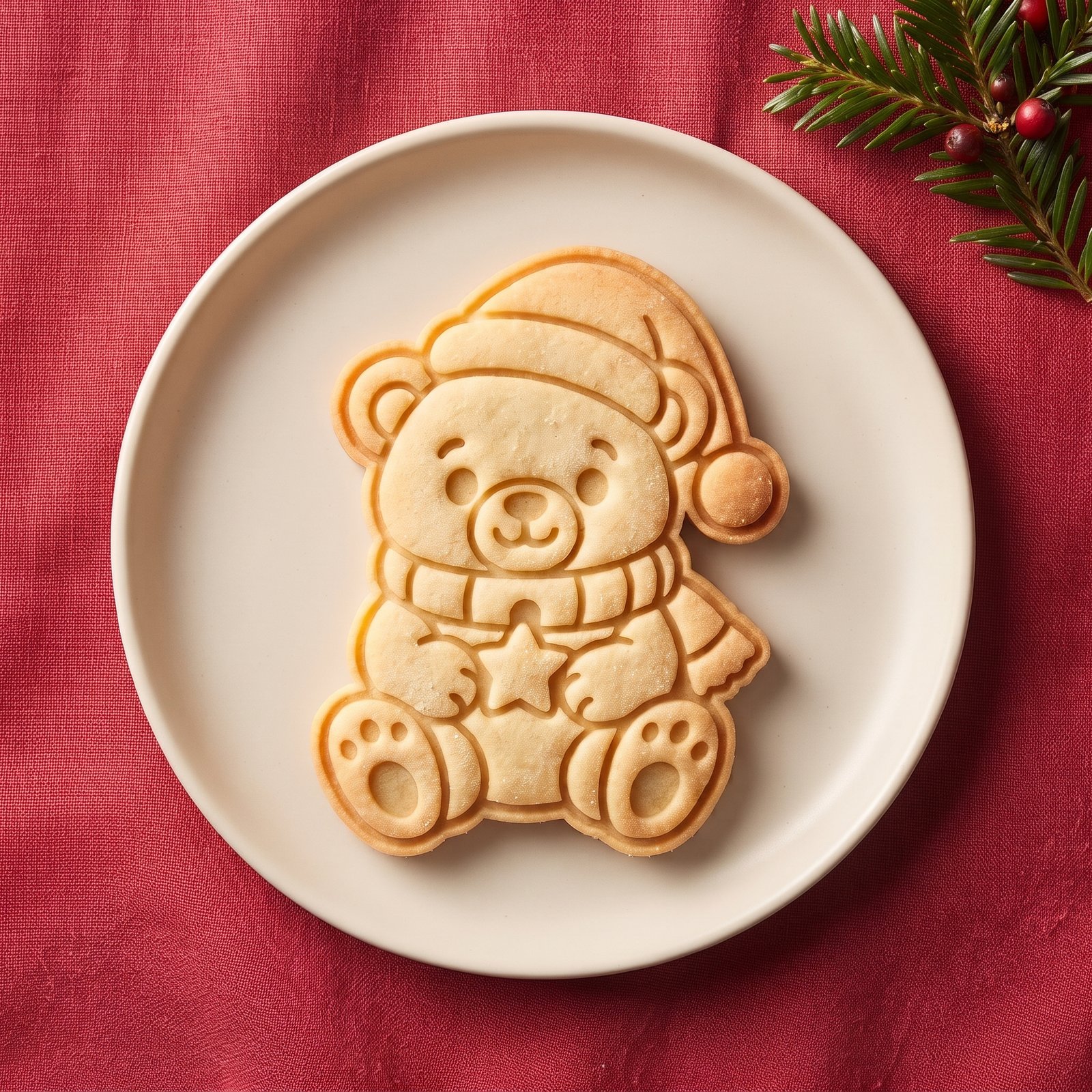 Biscoito assado em formato de ursinho de Natal com gorro, cachecol e estrela servido em um prato claro.
