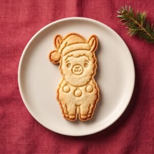 Biscoito assado em formato de lhama com gorro de Papai Noel servido em um prato branco sobre toalha vermelha.