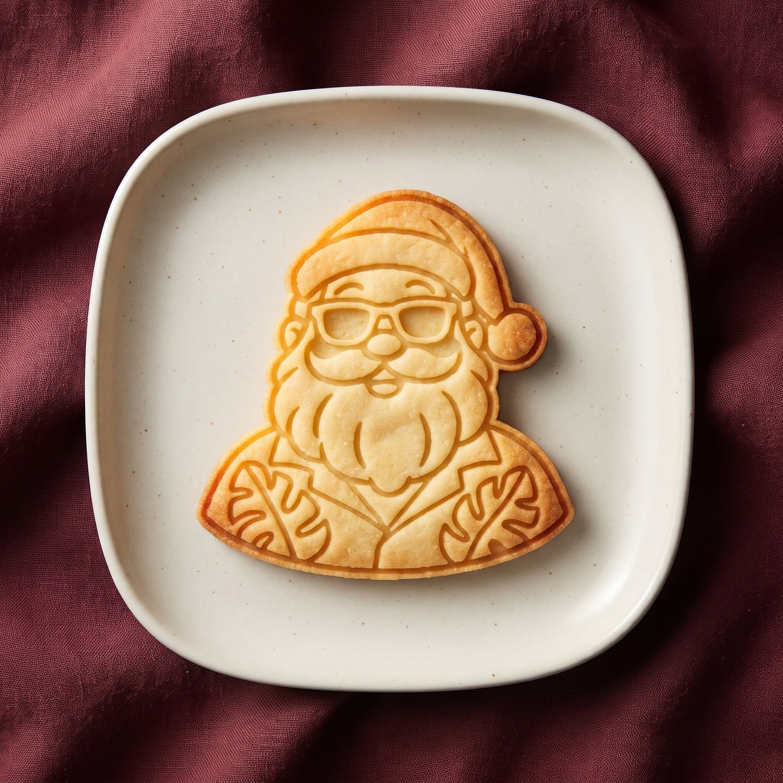 Biscoito assado decorado no formato de Papai Noel de férias usando óculos de sol e camisa florada
