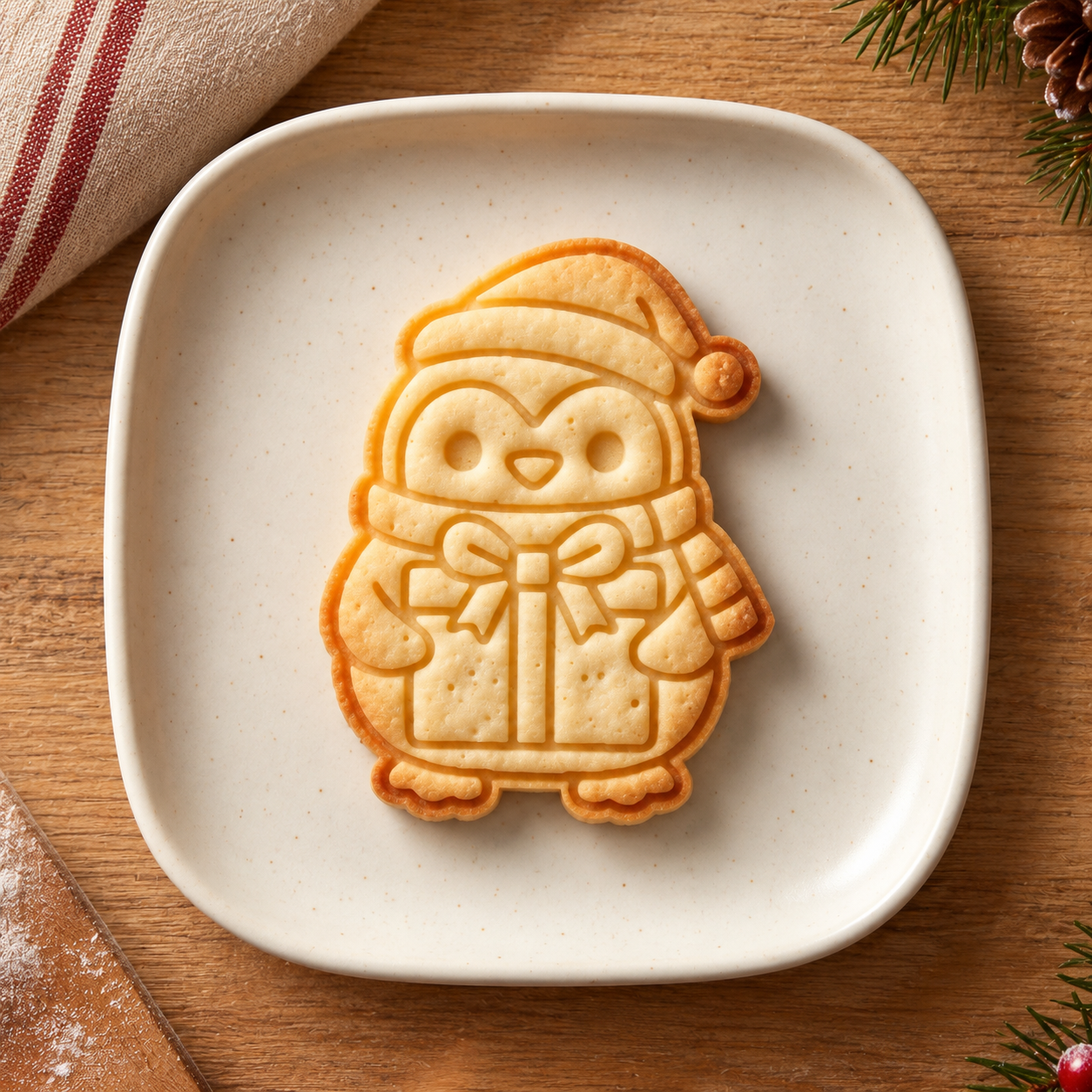 Biscoito em formato de pinguim de Natal usando touca e cachecol segurando um presente, sobre prato bege em mesa de madeira